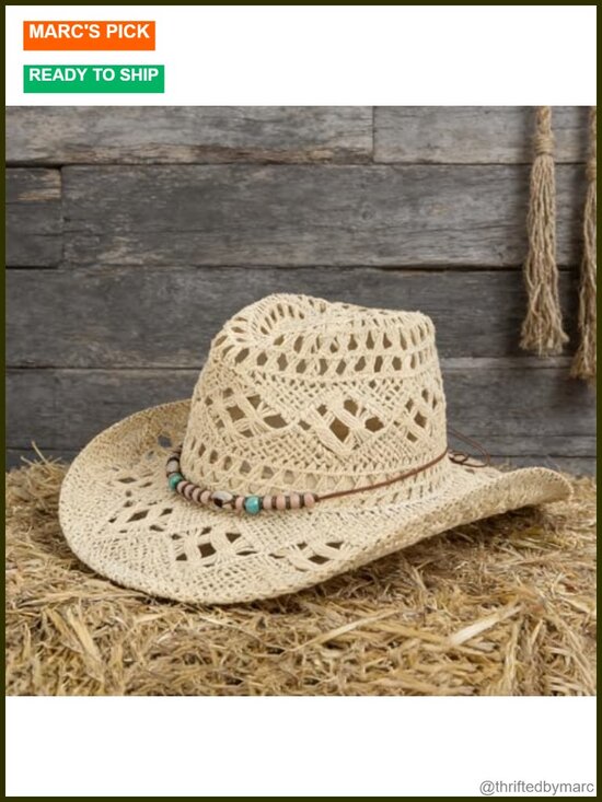 Straw Cowboy Hat Wide Brim Western Cowgirl with Decorative Band